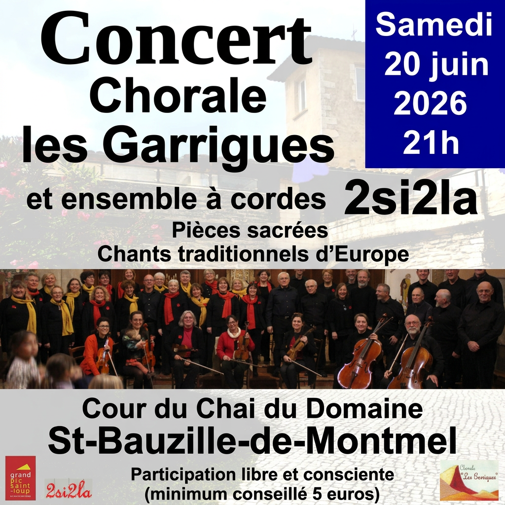 Affiche : Concert à St Bauzille de Montmel le Samedi 20 Juin 2026 21H